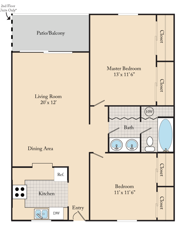 Floor plan for 2 beds, 1 bath, 870 sqft